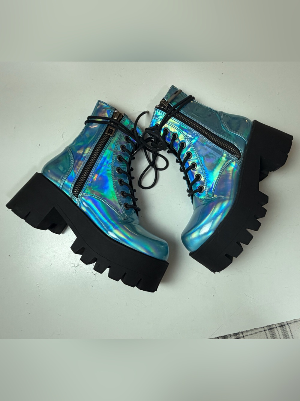 Current Mood Blue Metallic Holographic Walking On Water Platform Combat Boots 7 - Picture 10 of 16